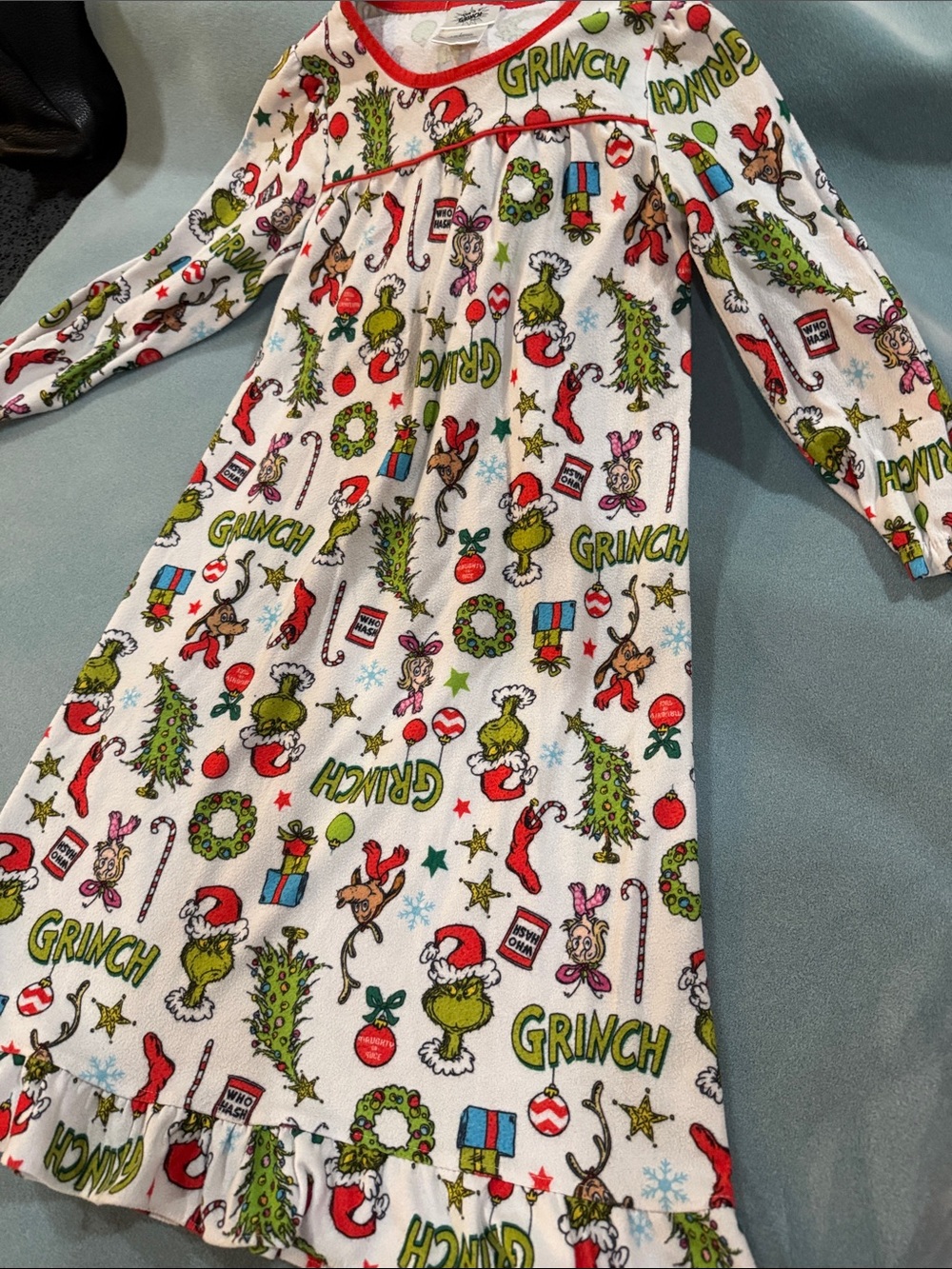 Kids Grinch-Print Long Sleeve Nightgown - White/Red/Green